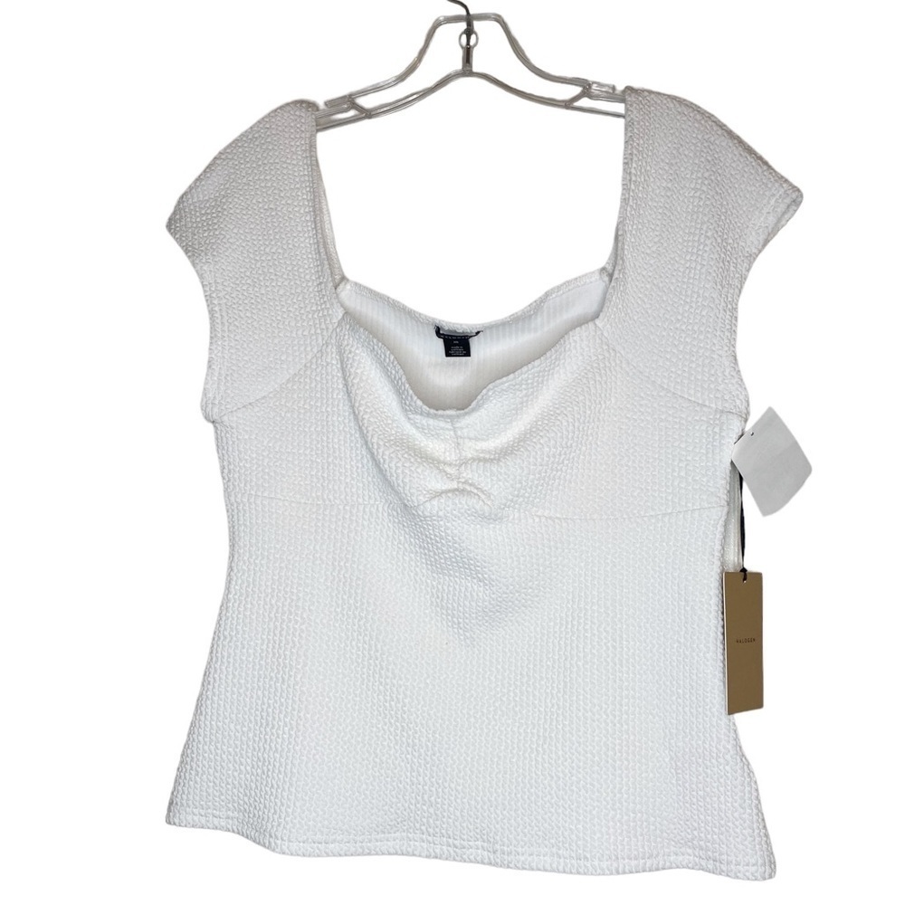 NWT Halogen White Cap Sleeve Stretch Top – Size M, Ruched V‑Neck HSH